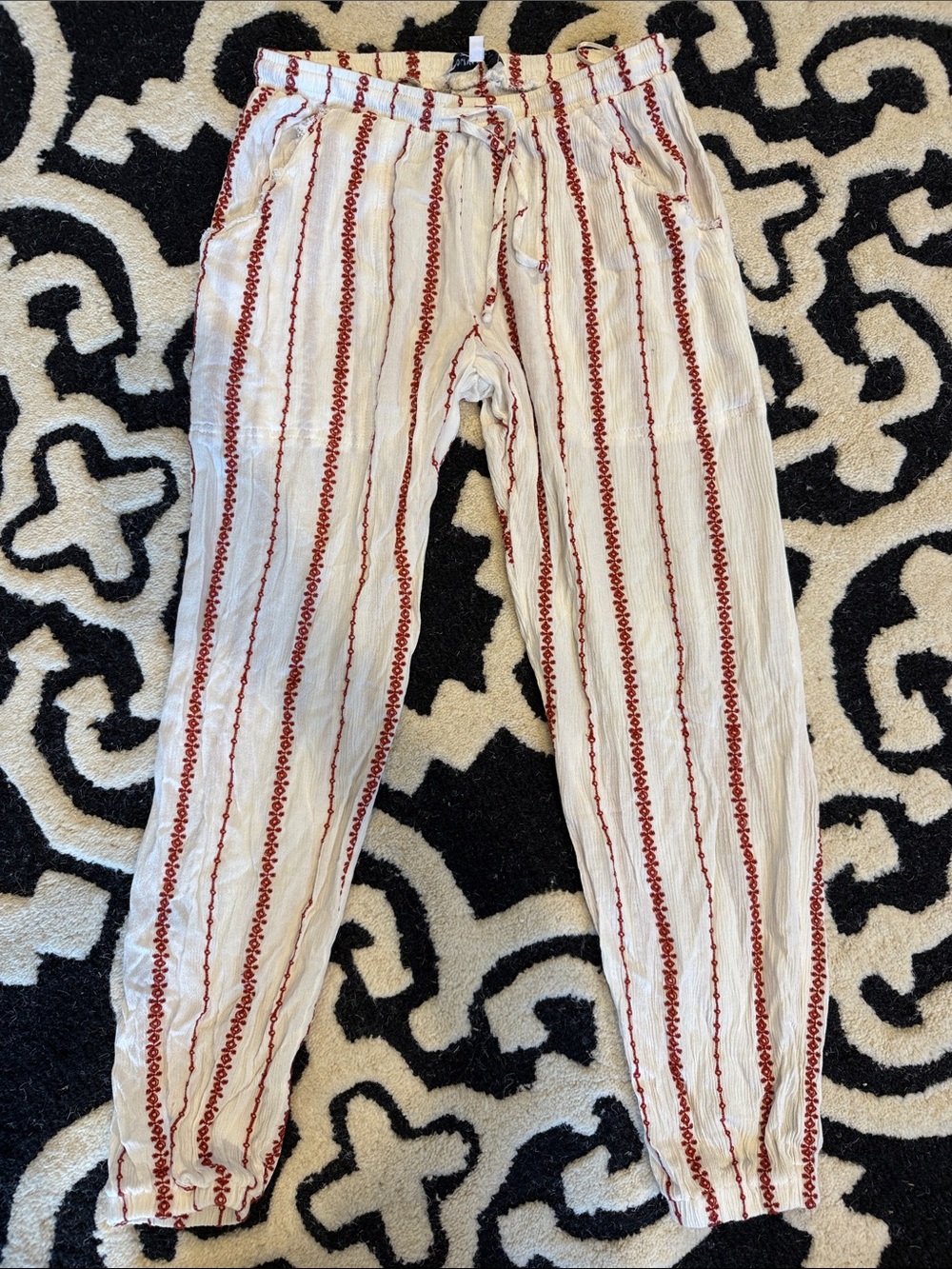 Olivaceous White Drawstring Pants with Red Vertical Embroidery. Size Small